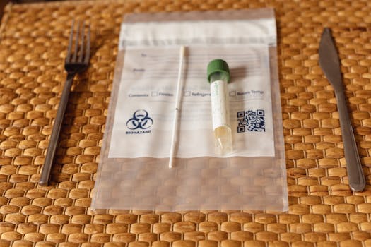 A Covid-19 testing kit with swab and test tube on a straw placemat between fork and knife.