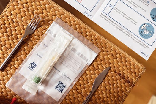 A COVID-19 test kit arranged on a woven table mat beside cutlery, highlighting healthcare at home.