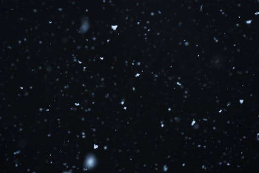A serene view of snowflakes falling against a dark night sky, capturing the essence of winter.