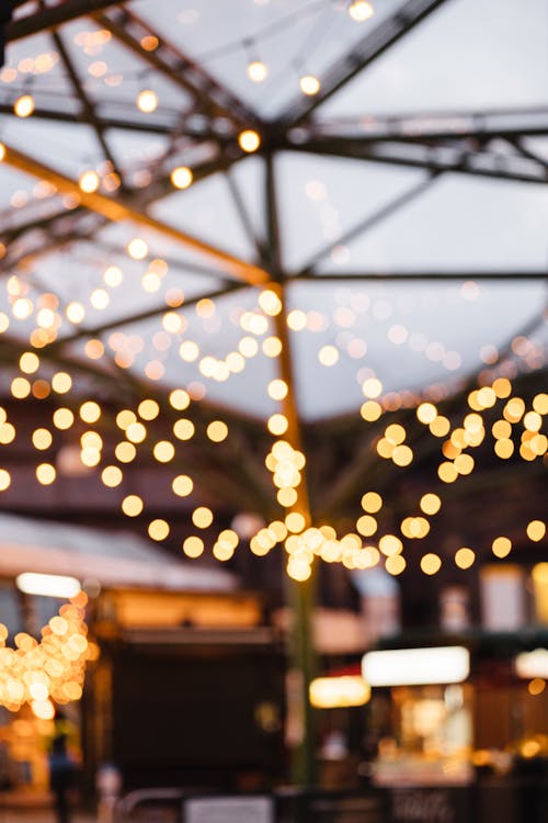 Many shimmering round lights of garland under ceiling of cafe on blurred background