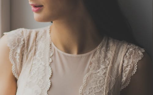 Free Woman in White Lace Crew-neck Cap-sleeves Top Stock Photo