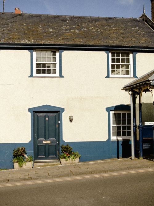 Free Elegant facade of a traditional house with blue accents and potted plants by the door. Ideal for home design themes. Stock Photo