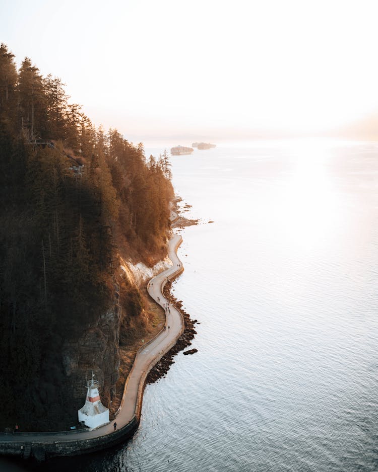 An Aerial View Of A Curvy Boardwalk Beside The River