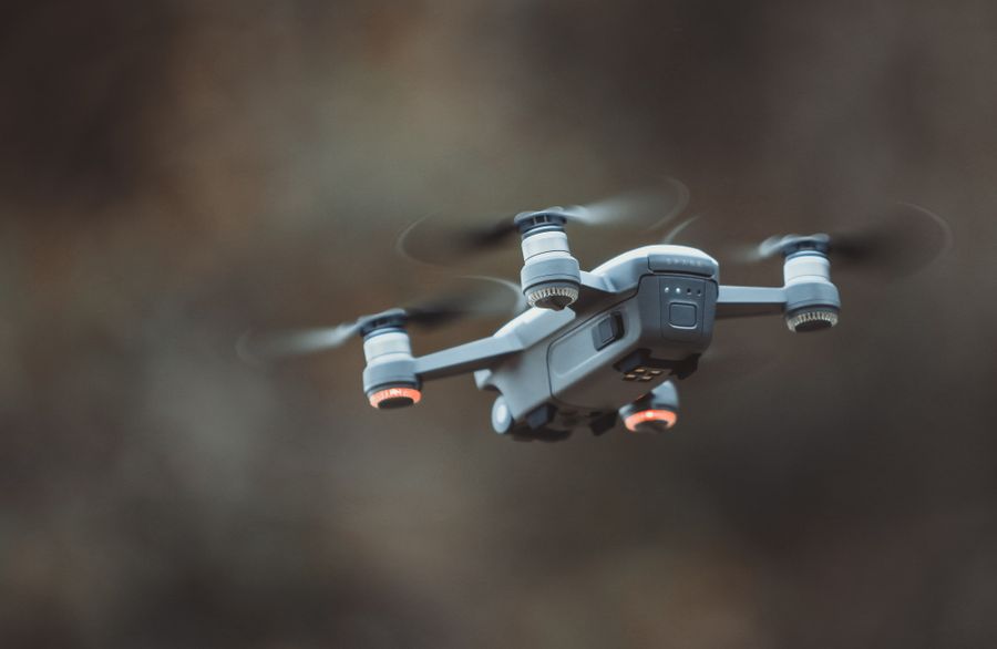 Close up detail of a grey quadcopter drone