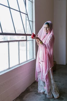 A smiling woman in a pink traditional dress and headscarf stands by a window holding a candle, symbolizing celebration and tradition.