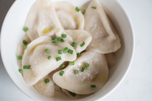 Steamed Dumplings with Onion Leeks in a Ceramic Bowl