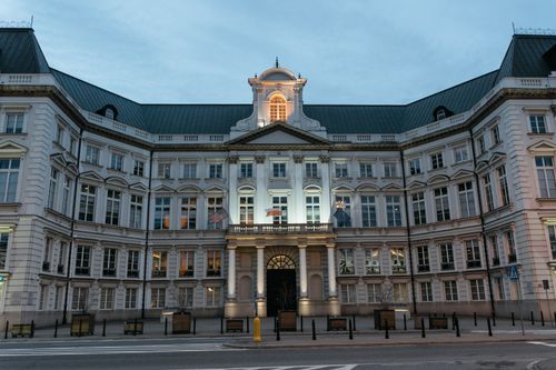 Free Twilight view of the Renaissance Revival Jablonowski Palace facade with illuminated details. Stock Photo