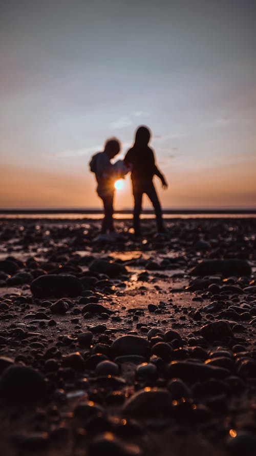 Silhouette of Two People Standing on the Beach during Sunset