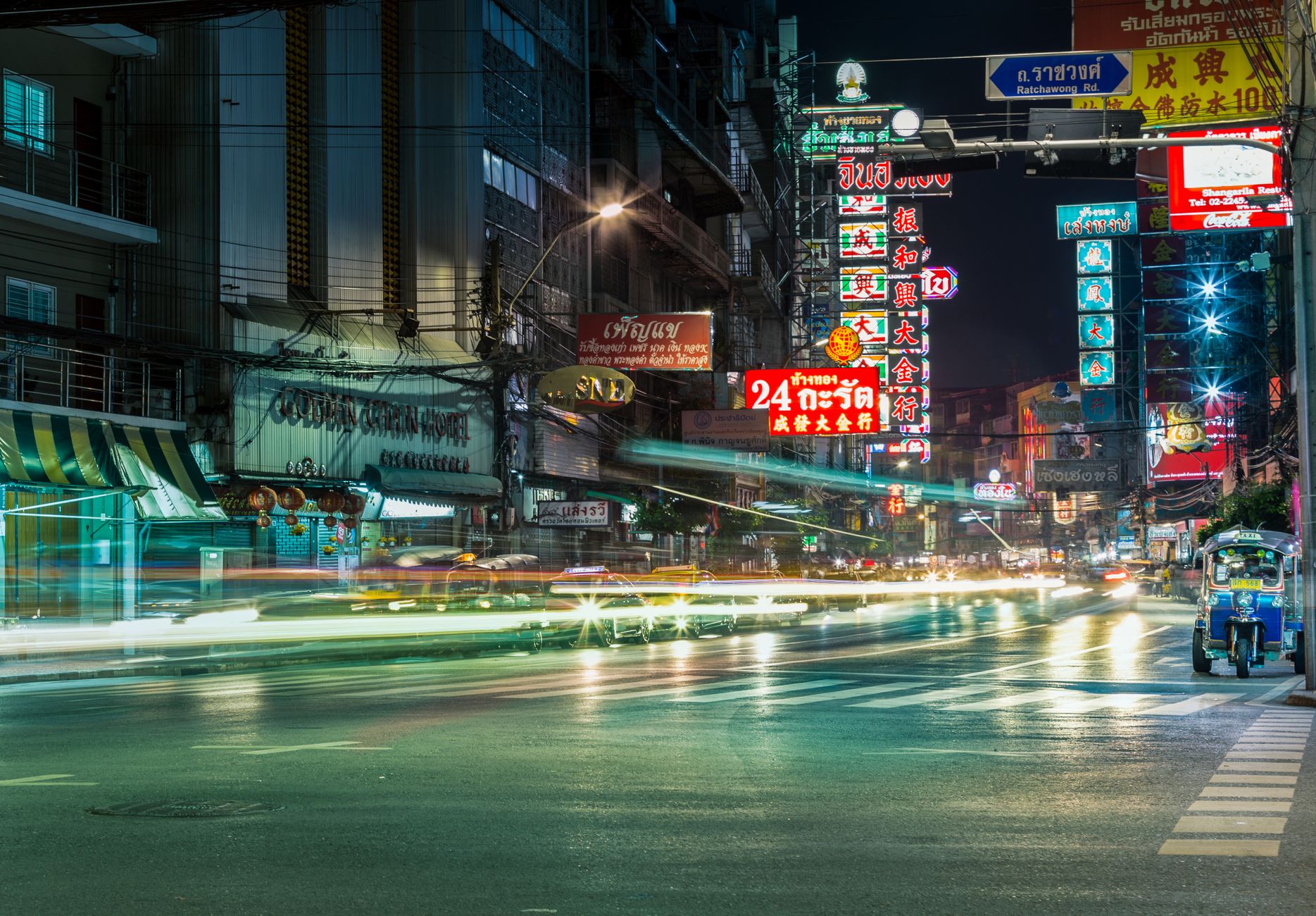 Silom Road at night with the Patpong market stalls lit up