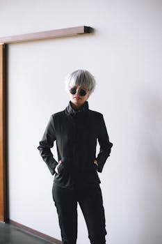 Confident woman in black outfit and sunglasses against a white wall.