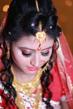 Close-up of a beautiful bride in traditional South Asian attire and jewelry.