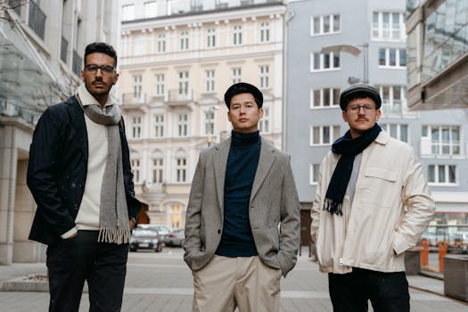 Stylish men posing confidently in an urban street setting, showcasing modern fashion.