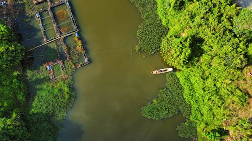 An Aerial Photography of a Boat on the River Near the Green Trees