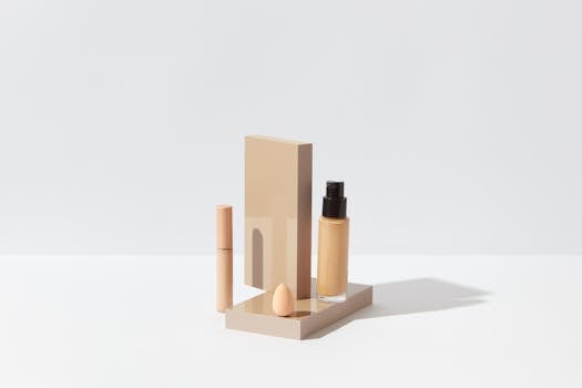 Elegant display of foundation, concealer, and sponge for a clean beauty setup on a white surface.