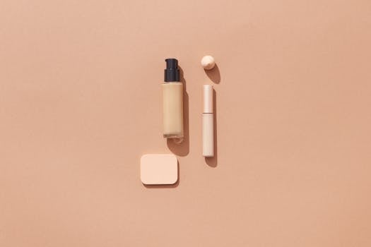 Flat lay of beauty products on a brown background with space for text, ideal for cosmetic promotions.