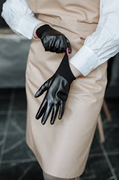 A person wearing black gloves in a close-up shot, adjusting them for a perfect fit.