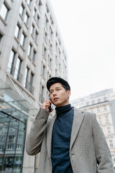 A man in a gray blazer makes a phone call in a cityscape setting with tall buildings.