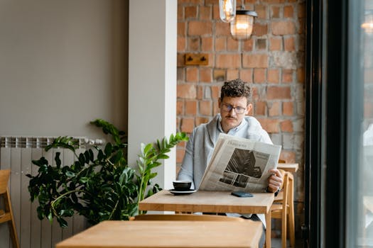 A man with glasses enjoys coffee and reads a newspaper in a cozy café setting.