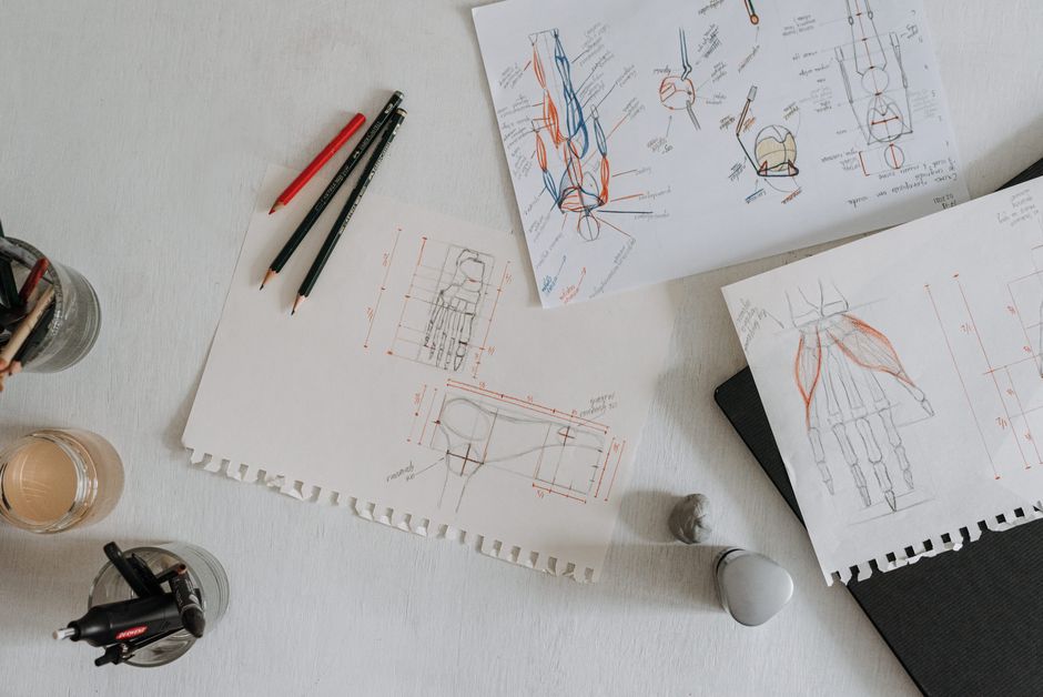 Top view of anatomical sketches with drawing tools on a desk, showcasing artistic process.