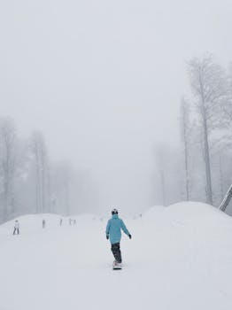 Captures a snowboarder in winter gear amid snow-covered trees during snowfall.