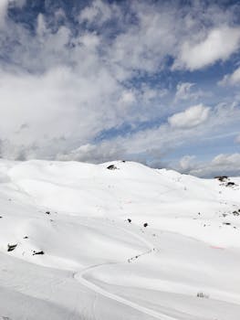 A breathtaking view of snow-covered mountains under a cloudy sky, captured from above.