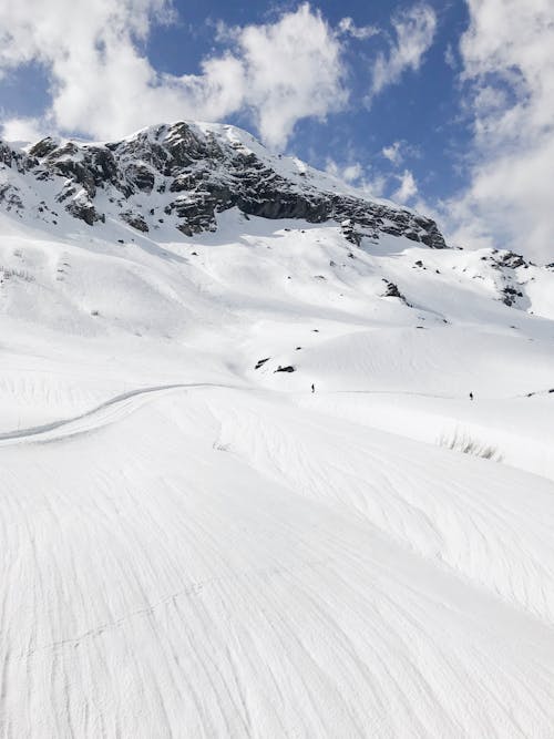 A Snow Covered Mountain Under the Blue Sky and White Clouds