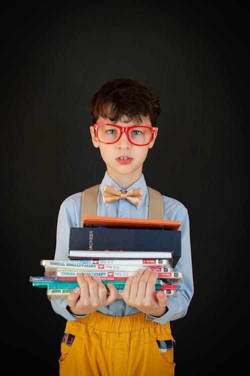 Smart schoolboy with stack of books