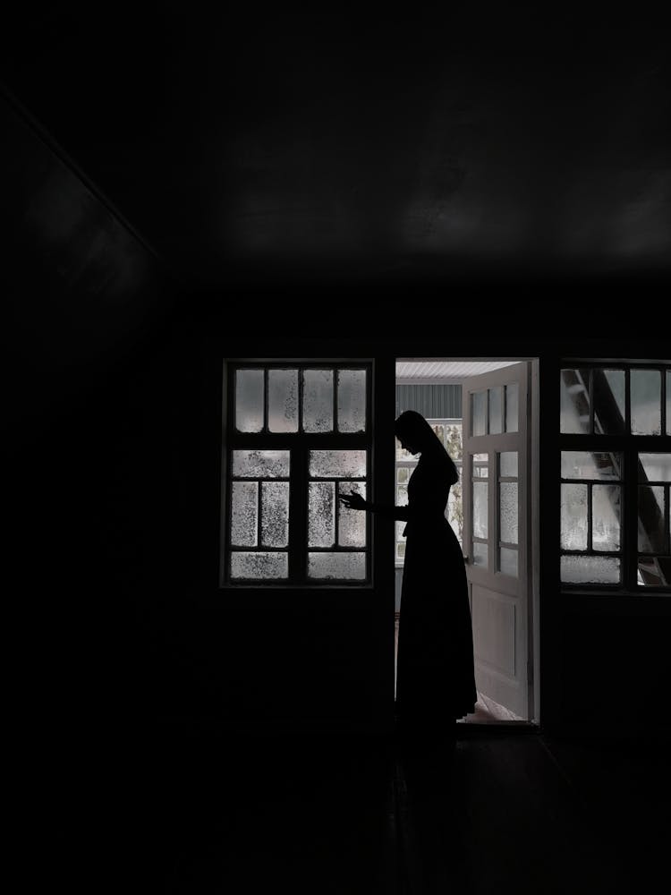 Woman In Long Dress Standing In Doorway In House