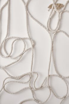 Intricate abstract rope patterns create a minimalist design on a white background.