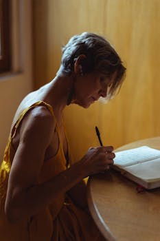 A senior woman sitting at a table indoors, writing in a journal with a contemplative expression.