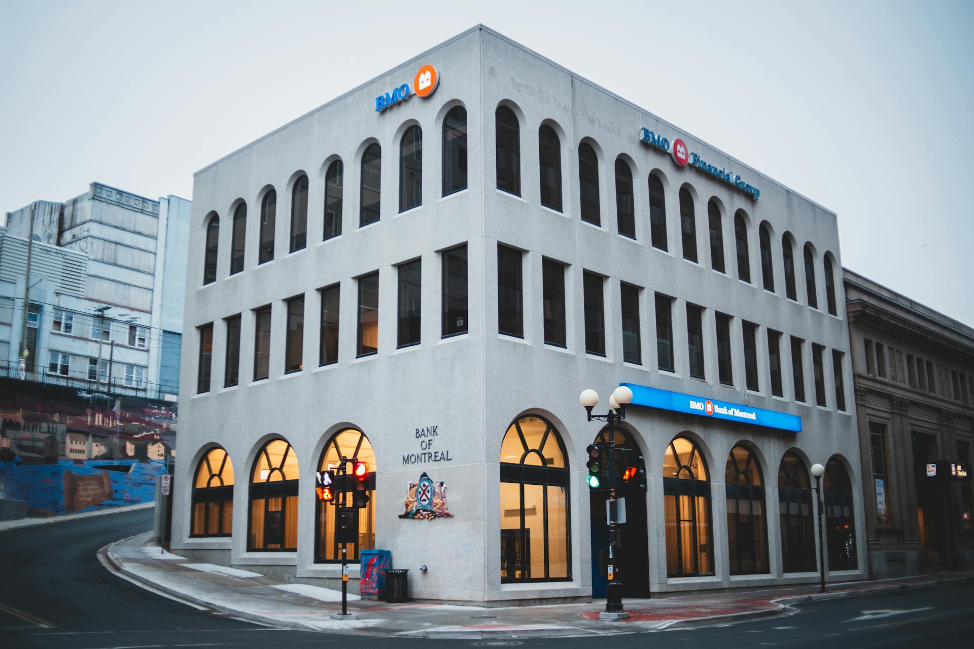 Exterior of modern bank building with arched passages