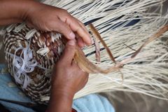 Close-up of skilled hands weaving a basket in Ayangue, Ecuador. Traditional craftsmanship at its finest.