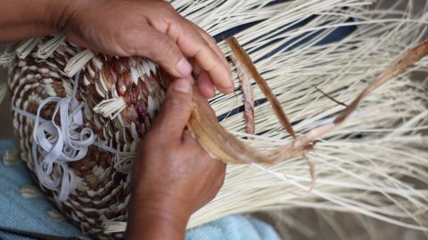 Close-up of skilled hands weaving a basket in Ayangue, Ecuador. Traditional craftsmanship at its finest.
