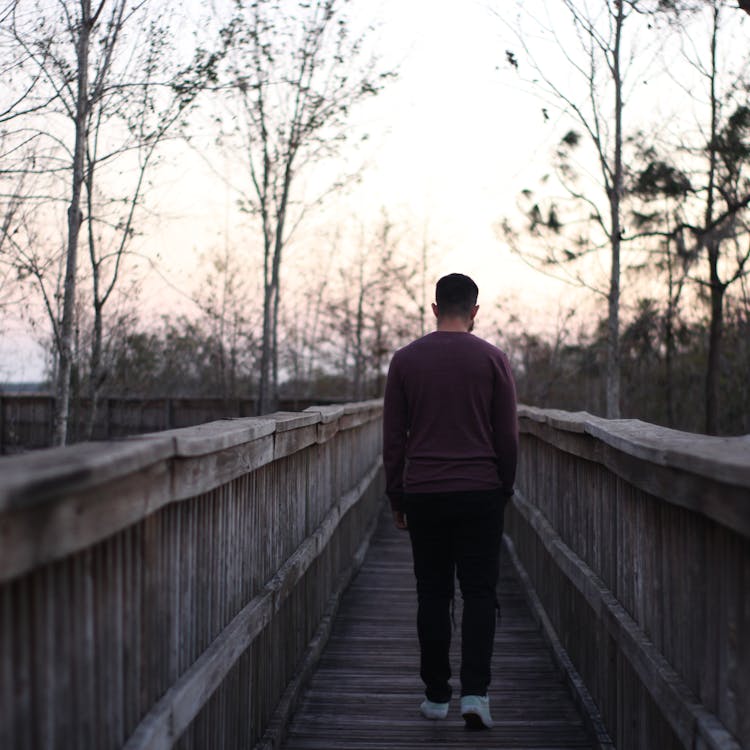 Back View Of A Man Walking On A Wooden Bridge