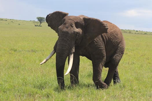 A large African elephant (Loxodonta africana) wandering through the vast Kenyan savanna.