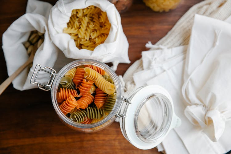 Colorful Rotini And Fusilli On Table