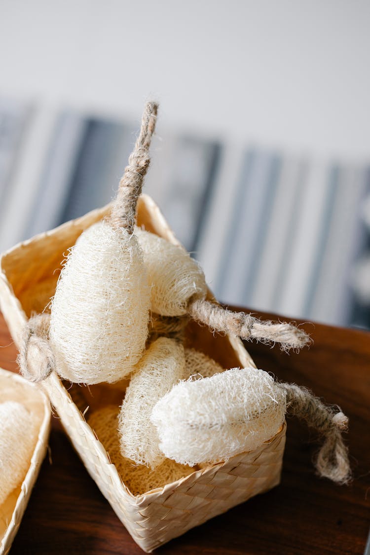 Basket With Many Shower Sponges