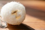 Closeup of small organic eco sponge of loofah placed on wooden surface in bright sunlight