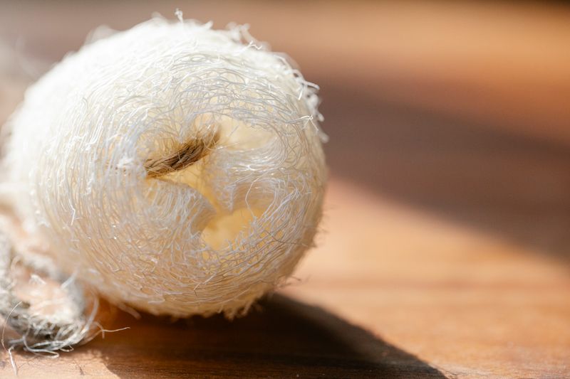 Closeup of small organic eco sponge of loofah placed on wooden surface in bright sunlight