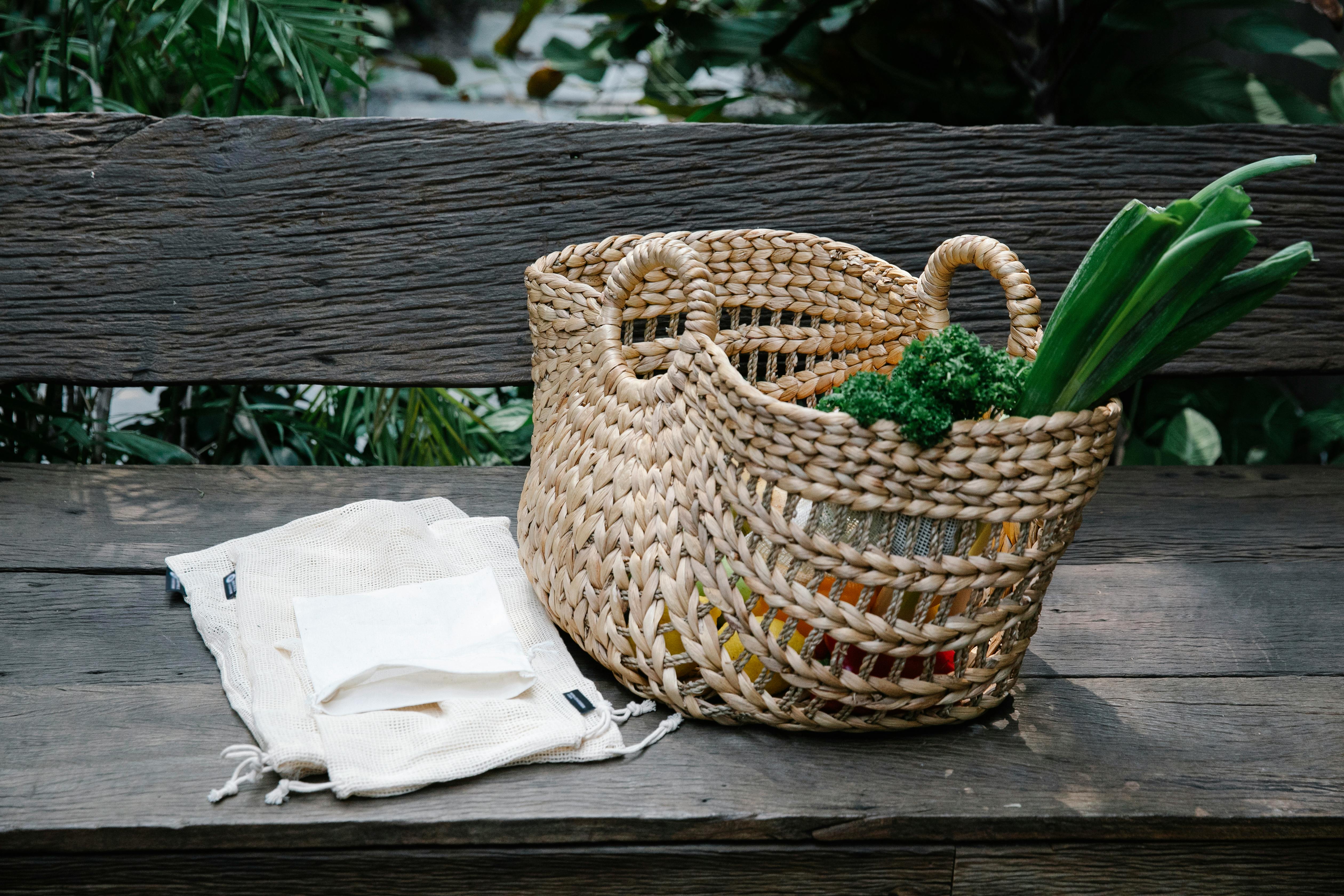 wicker basket with ripe fresh vegetables on bench