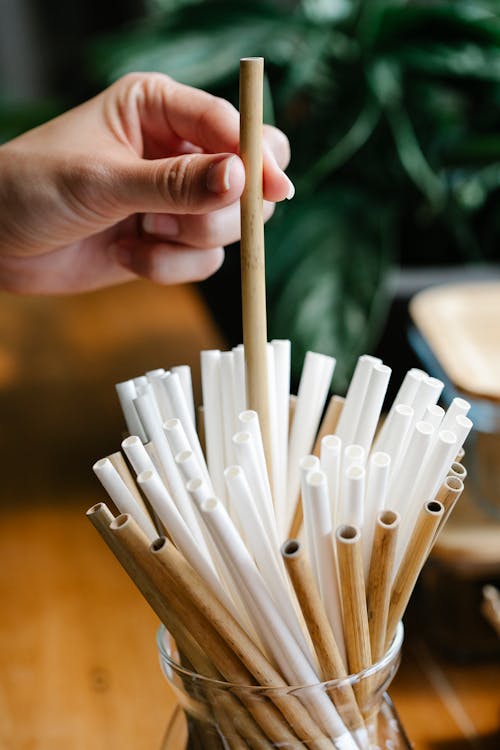 Free Crop anonymous person picking eco friendly bamboo straw from glass jar placed on wooden table in light kitchen Stock Photo