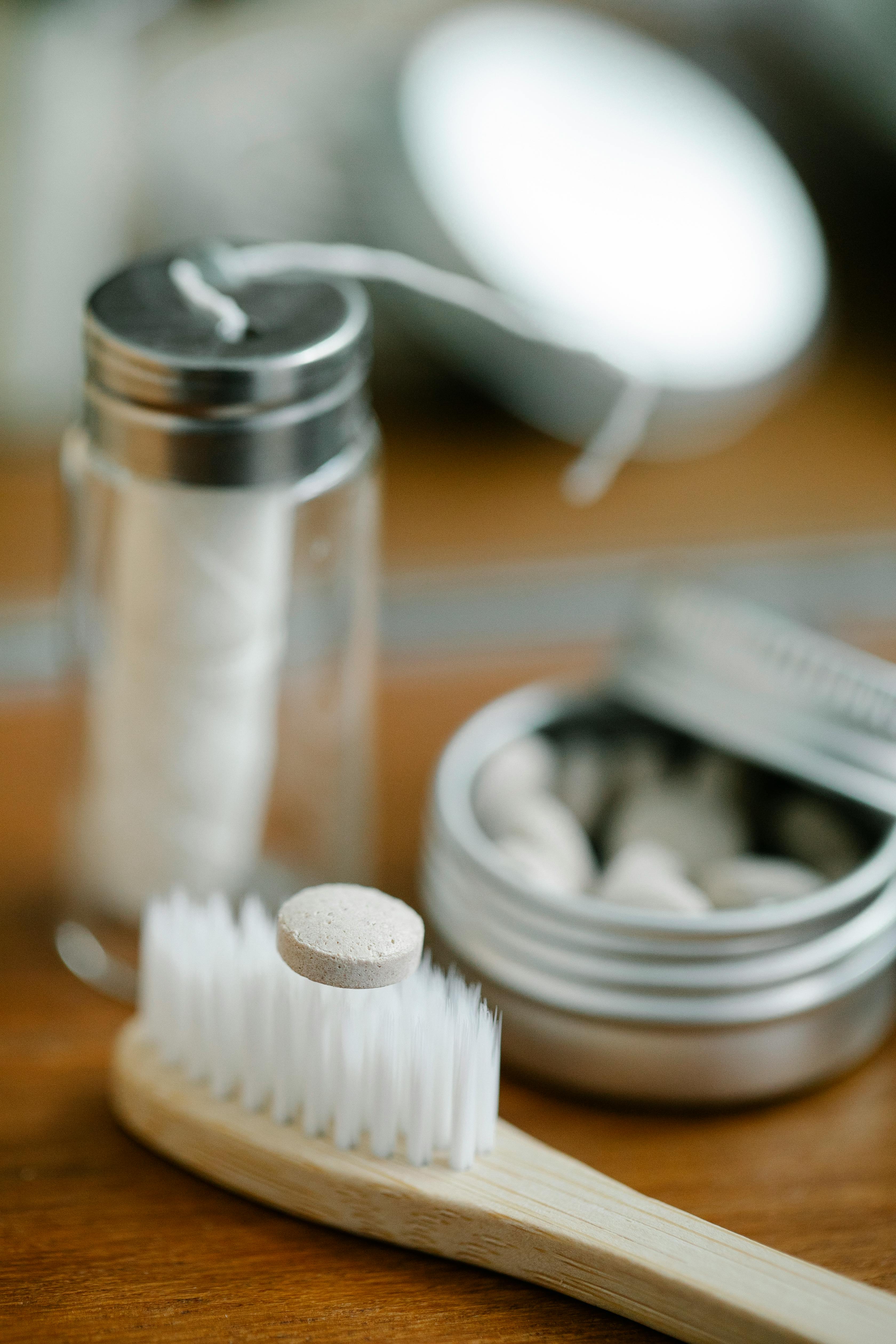 set of eco friendly hygienic supplies placed on wooden table