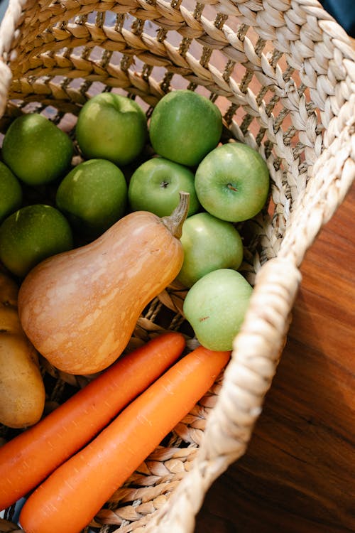 Ripe fruits and vegetables placed in wicker basket
