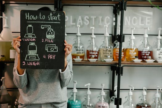 Woman showcasing a chalkboard with eco-friendly product refill instructions.