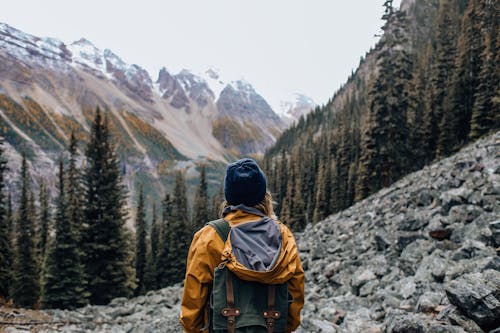 Person Carrying a Backpack Standing on Mountainside