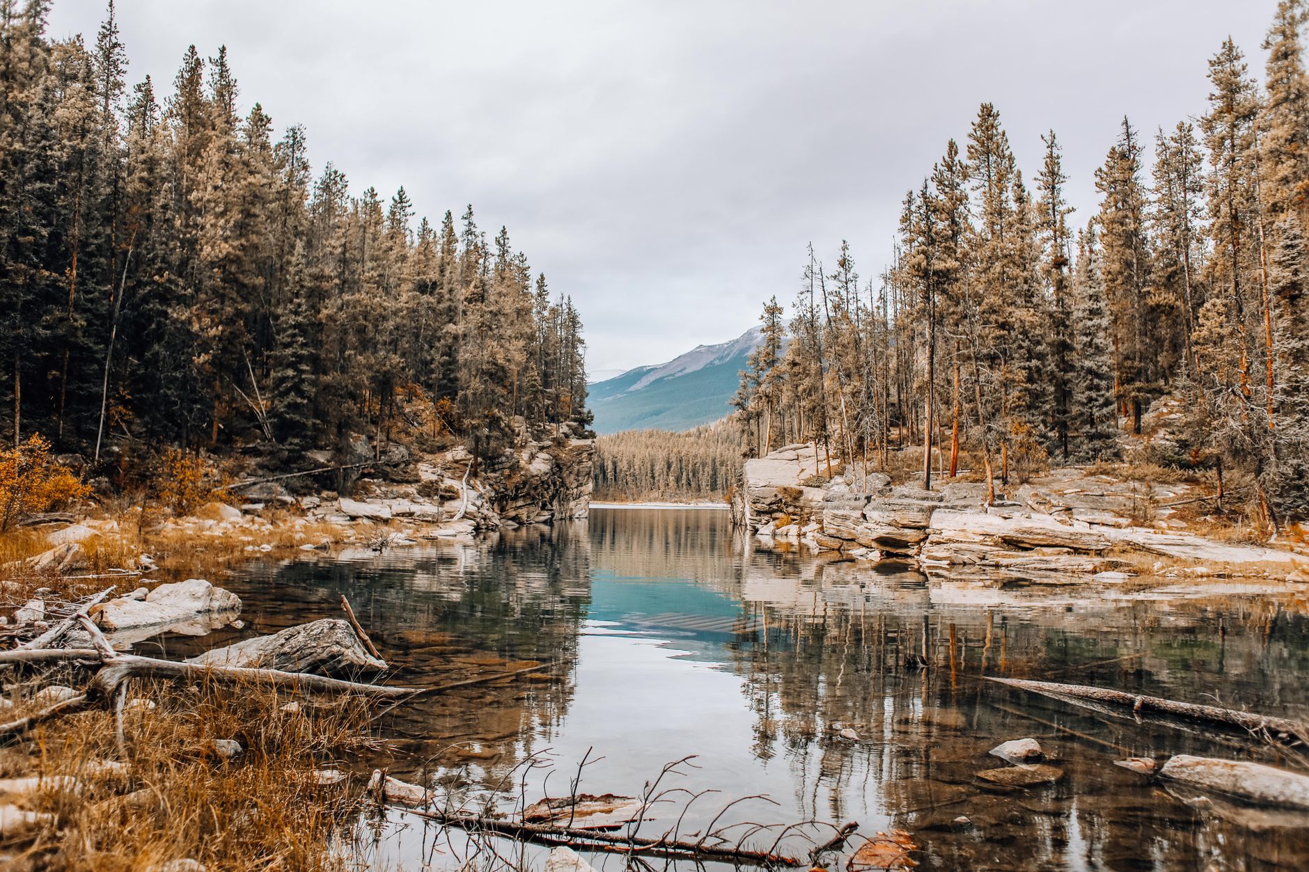 Peaceful mountain lake surrounded by evergreen forest and rocky terrain, ideal for nature lovers.