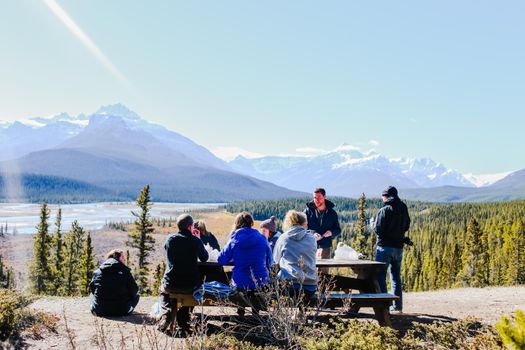 A group enjoying a picnic with a breathtaking view of snowy mountains and a lush forest under a clear blue sky.