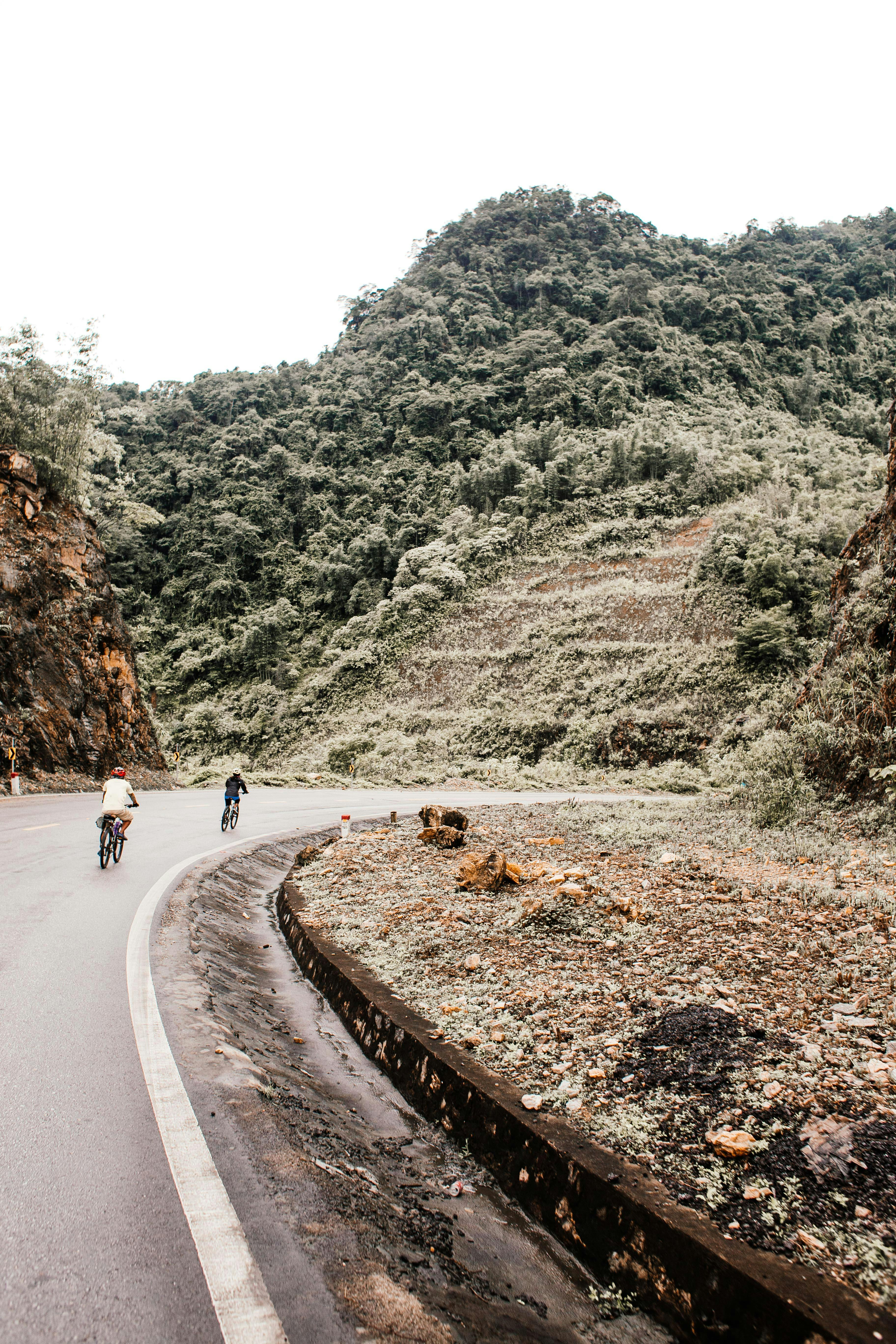 Two cyclists riding along a winding mountain road, surrounded by lush greenery.