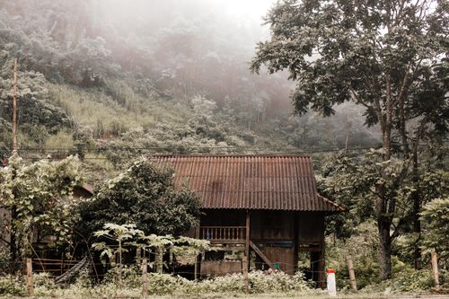 Free Explore a rustic farmhouse surrounded by misty forest hills, offering a serene rural escape. Stock Photo