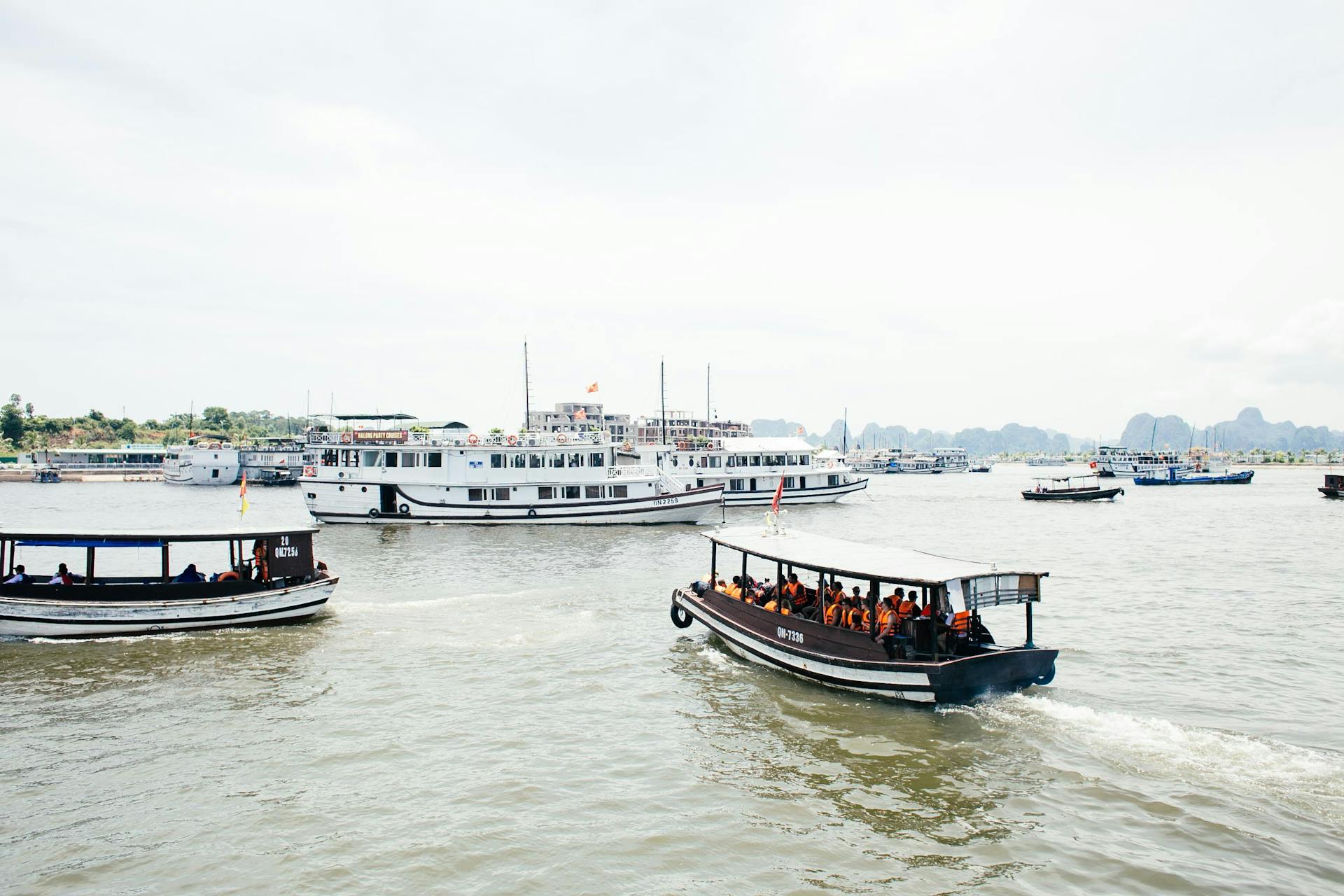 Busy harbor scene with passenger ferries and scenic coastal views.